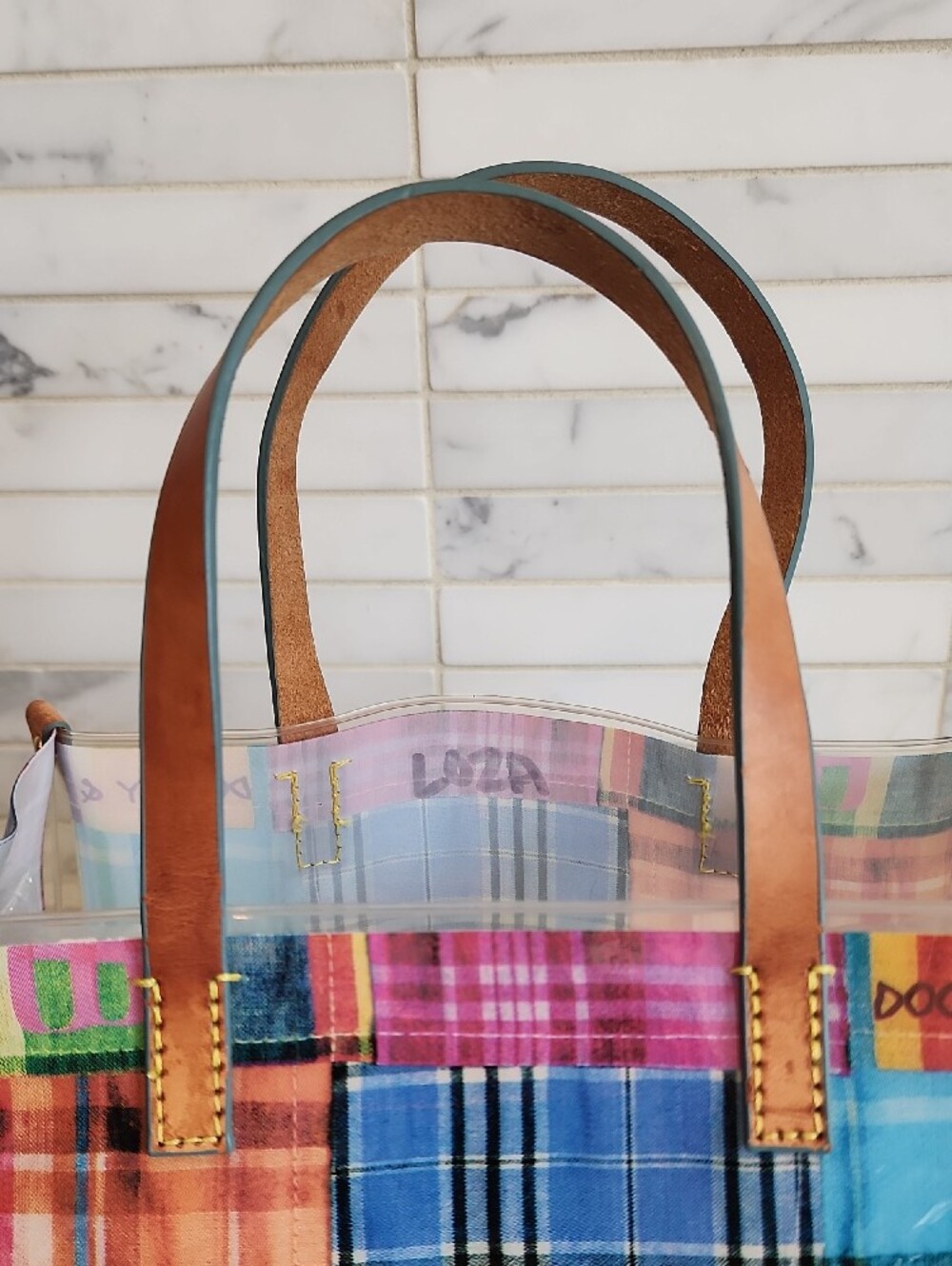 Dooney & Bourke Multicolor Plaid Patchwork Clear Tote with Brown Leather Handles - Picture 2 of 8